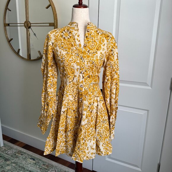 Sézane Caprice Dress Alcazar Yellow Floral Print Size 34 Linen Cotton - Picture 2 of 5